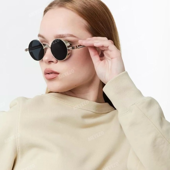 Retro Round Steampunk Silver Metallic Sunglasses UV400 Men & Women Bikercore - Picture 11 of 15